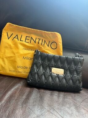 Valentino Black Quilted Leather Wristlet with Gold Plaque